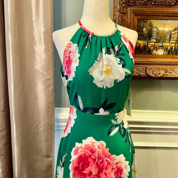 NWT Eliza J Green Pink Floral Halter Style Fit & Flare Crepe Midi Dress Size 8 - Picture 3 of 4